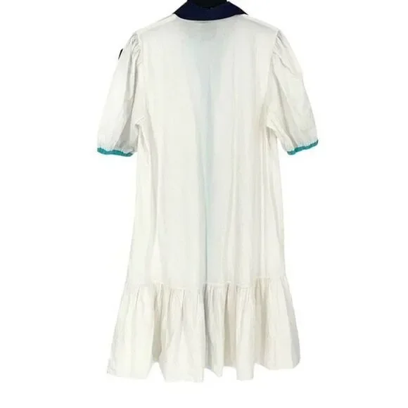 ADDISON BAY ISLE DRESS 100% Poplin Cotton White Blue Pipping Drop Waist Midi Sma - Picture 6 of 11